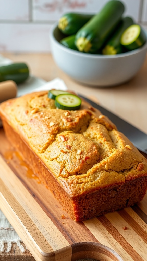 Moist Zucchini Bread Recipe for Bread Machine A loaf of golden zucchini bread on a cutting board, garnished with zucchini slices and nuts.